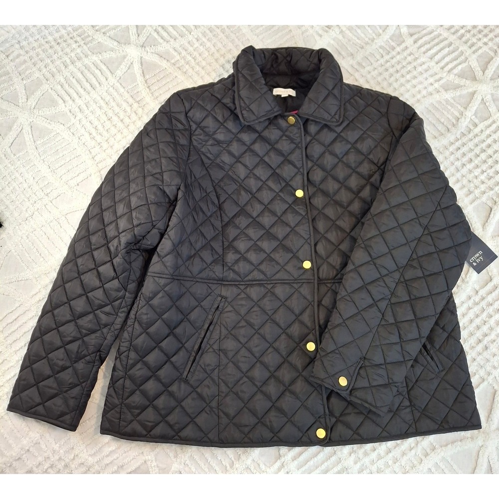 Crown & Ivy Womens Size‎ XXL Quilted Barn Jacket True Black Gold Snap NWT